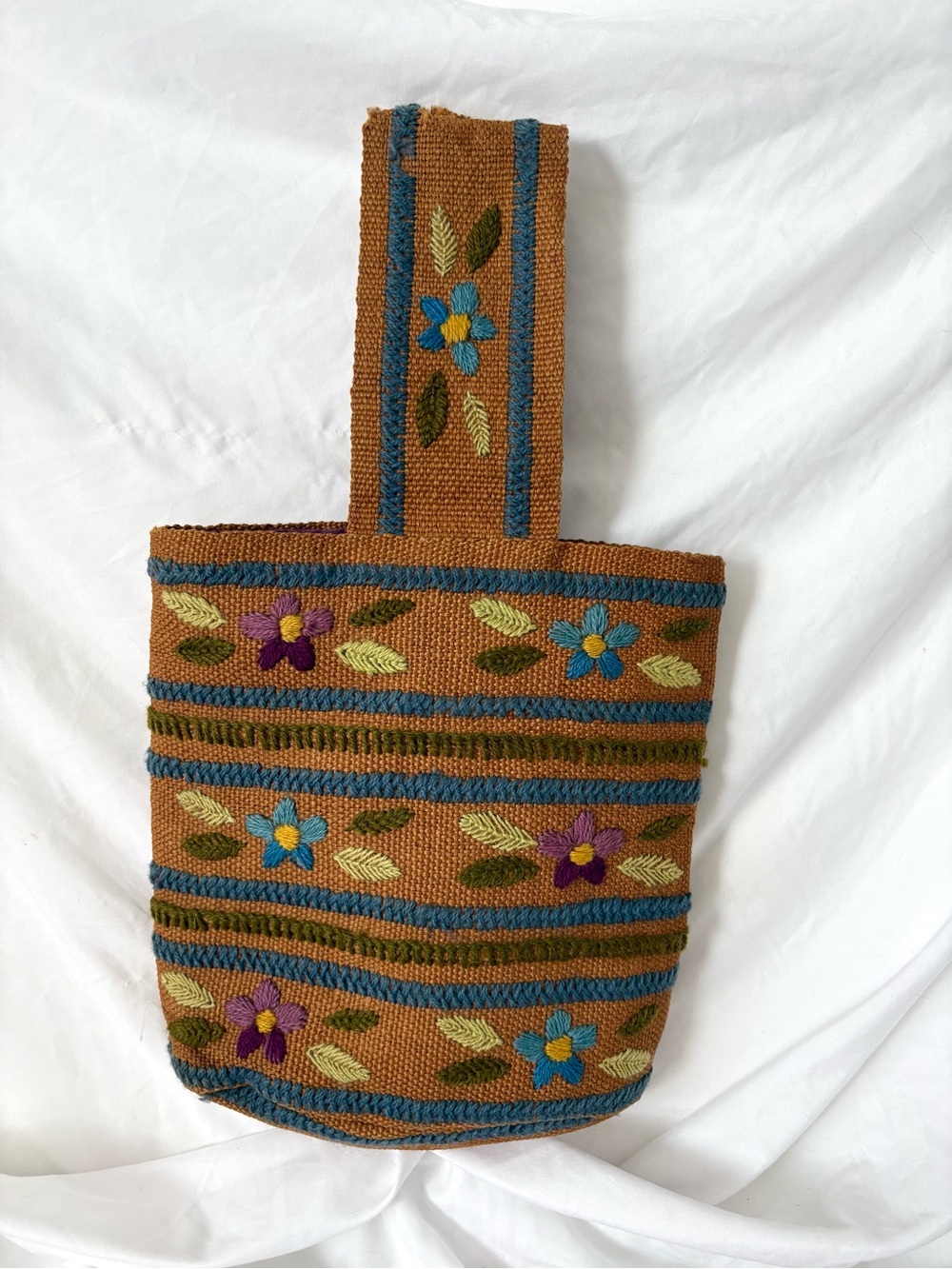 Vintage 70s burlap handbag purse embroidered boho floral prairie